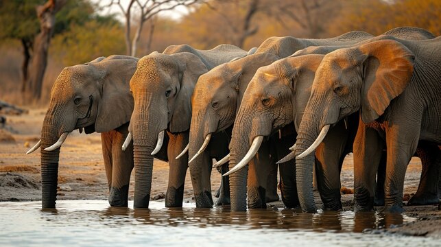 Drinking herd of group Elephants. image of animal. copy space for text.