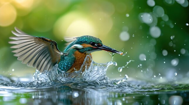 Female Kingfisher emerging from the water after an unsuccessful dive to grab a fish. Taking photos of these beautiful birds. copy space for text. image of animal.