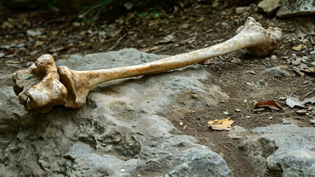 A femur bone juts out from the ground its smooth surface worn down from years of gnawing and sing.