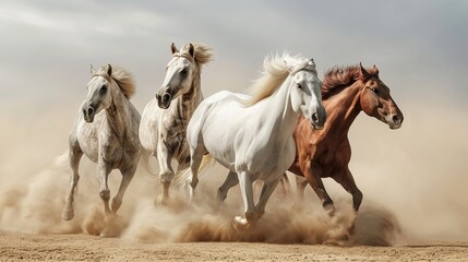 Obraz na płótnie Canvas Horses with long mane portrait run gallop in desert dust. image of animal. copy space for text.
