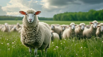Fototapeta premium Sheep on pasture on green nature background. Image of animal. copy space for text.