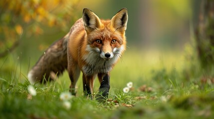 Red Fox hunting, Vulpes vulpes, wildlife scene from Europe. Orange fur coat animal in the nature habitat. Fox on the green forest meadow. copy space for text.