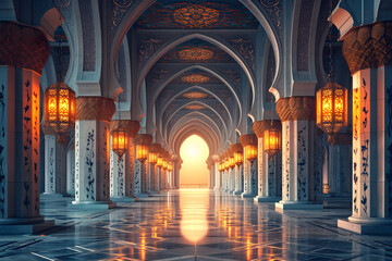 A stunning interior of a mosque with traditional islamic architecture and ornate design, ideal for Ramadan Kareem backgrounds or cultural and religious themes.
