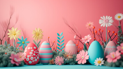 A festive Easter-themed arrangement with pastel-colored eggs and vibrant spring flowers against a soft pink , background with a place for text