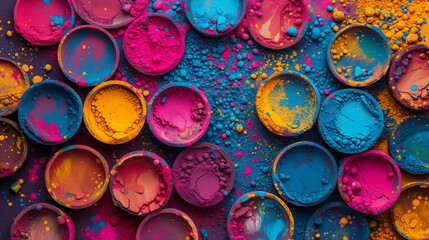 Colorful powdered pigments in bowls, possibly signifying the preparations for the Holi festival, known as the Festival of Colors, background with a place for text