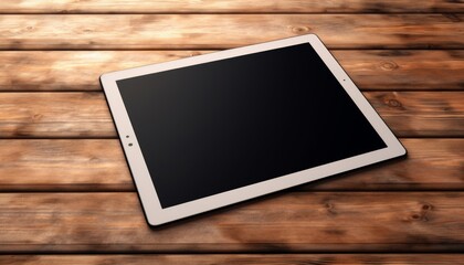 Top view with perspective of white tablet with blank black screen on brown wooden surface. Generative AI.