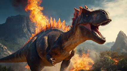 tyrannosaurus rex dinosaur in fire