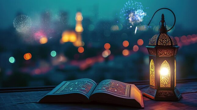 Ramadan Night: Illuminated Lantern and Holy Quran by the Window Seamless looping 4k time-lapse virtual video animation background. Generated AI