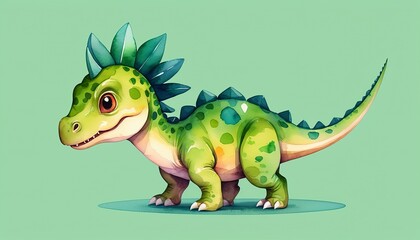 Obraz premium Modern Flat Style Vector Illustration of Green Cute Dinosaur Walking Watercolor