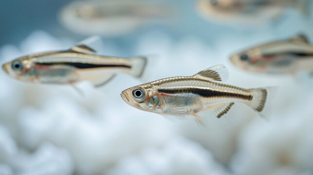 A group of zebra danios, with their stripes racing across.