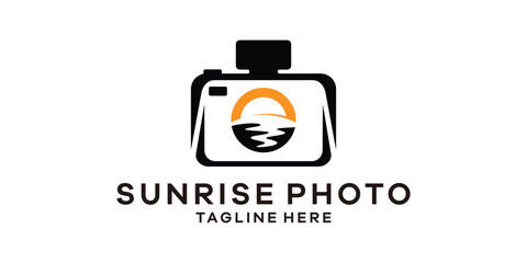 logo design combination of camera with sunrise, logo design template, symbol idea.