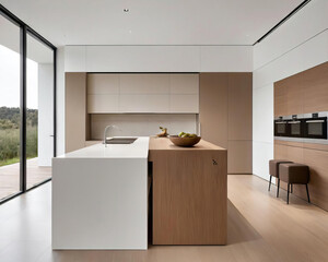 Symmetrical Minimalistic Workshop Interior with Spacious Kitchen Island Gen AI - 729756277