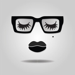 Abstract classy and fashionable lady face with lips, closed eyes, thick eyelashes, and trendy square shape sunglasses icons on gray gradient background