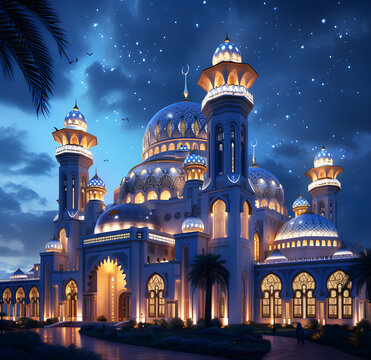 A Ramadan themed mosque with traditional decoration and Islamic symbols