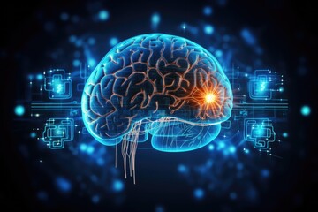 Obraz premium Holographic human brain, 3D, technology, neon , Generative by Ai