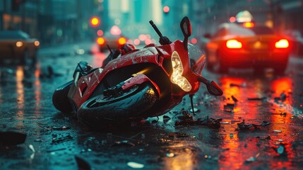 Traffic accident. Crashed motorcycle and car on city street, Real event, Motorcycle accident, crash at sunny day. Motorcycle crash concept. Emergency and ambulance help motorcycle rider.