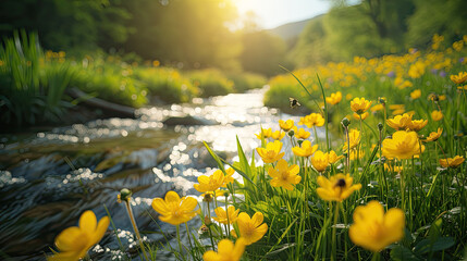 Obraz premium A serene stream meanders through a vibrant meadow of wild yellow flowers, dappled with sunlight filtering through trees. 