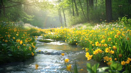 A serene stream meanders through a vibrant meadow of wild yellow flowers, dappled with sunlight filtering through trees.
