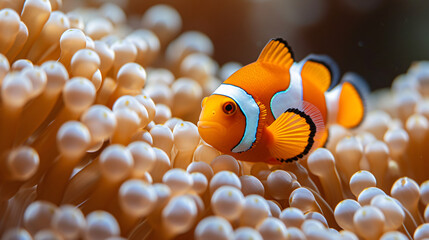 A serene clownfish nestled among anemones with the waves