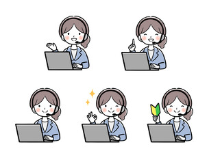 ヘッドセットをつけてパソコンを使う女性オペレーターの表情違いセット