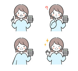 電卓を持った女性の上半身ポーズ表情違いセット