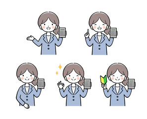 電卓を持って案内をするビジネスウーマンの上半身ポーズセット