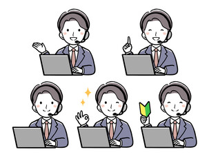 ヘッドセットをつけてパソコンを使う男性オペレーターの表情違いセット