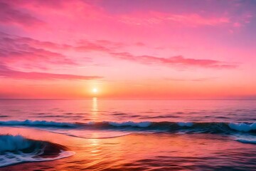 Naklejka na ściany i meble Embracing the Serene Embrace of Vast Ocean Waters, Cascading Layers Stretching Endlessly Towards the Horizon, Caressed by the Gentle Glow of Sunset's Warmth. Sunlight Illuminates the Rippling Waves, 