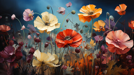 Vibrant wildflowers sway in the wind, creating a colorful and dynamic macro landscape