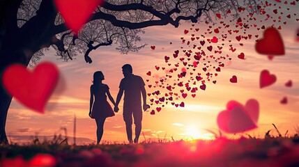 silhouette of a loving couple in the park, sunset background, with a heart shape. Lovers standing holding hands