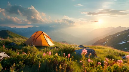 Camping tent with amazing view on mountain landscape at sunset