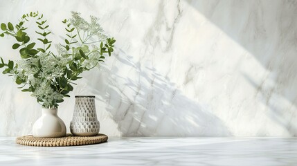 Vase and plants isolated on white marble table and white marble backgrounds with copy space, apartment or kitchen interior design