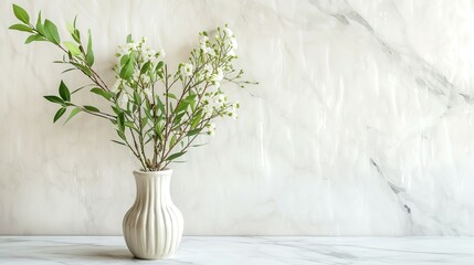 Vase and plants isolated on white marble table and white marble backgrounds with copy space, apartment or kitchen interior design