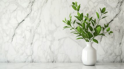 Vase and plants isolated on white marble table and white marble backgrounds with copy space, apartment or kitchen interior design