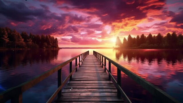lake at sunset. long wooden pier.  beautiful sunset sky in a lake. seamless looping overlay 4k virtual video animation background 