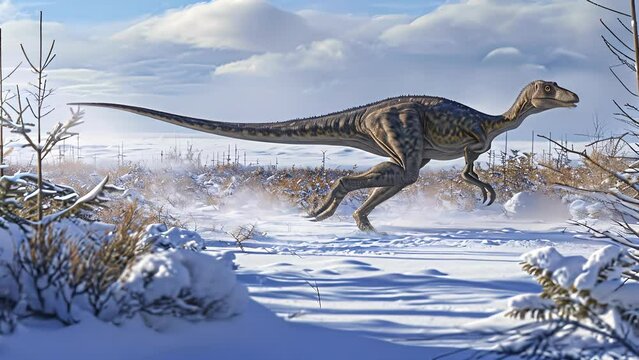 A swift ornithomimus darting between patches of gr in the tundra its long legs carrying it effortlessly through the icy terrain.