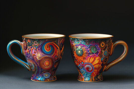 Two uniquely designed coffee mugs, each showcasing vibrant colors and eye-catching patterns