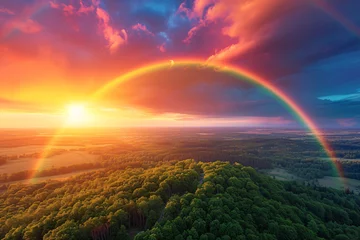 Muurstickers Mountain with colorful rainbow in cloudy sky over field. Nature landscape after storm. Spring morning. St Patrick Day holiday symbol. Background for design card, invitation, banner, poster © ratatosk