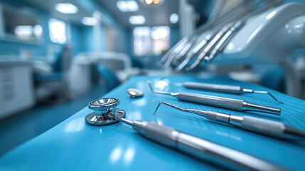 Dentist room sign Different dental tools and blue tools