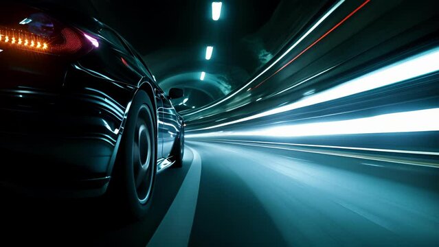 Closeup of car headlights creating a trail of light as it speeds through a dark tunnel. The contrast between the bright lights and the surrounding shadows is striking.