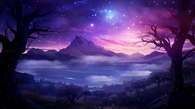 nature background at night.  purple landscape filled with stars some elements. seamless looping overlay 4k virtual video animation background 