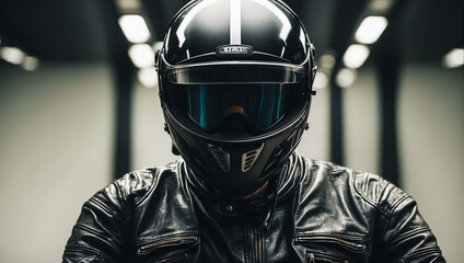 a motorcycle rider posing with a black helmet