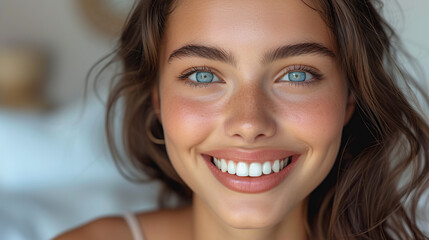 Naklejka premium A wide, beautiful smile of a bright young woman with healthy, white teeth.