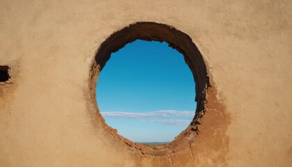 A round hole in the wall through which you can see the blue sky and ocean. Concept for art projects, interior design or as a metaphor such as Window of Opportunity, View of the World. Posters, flyers