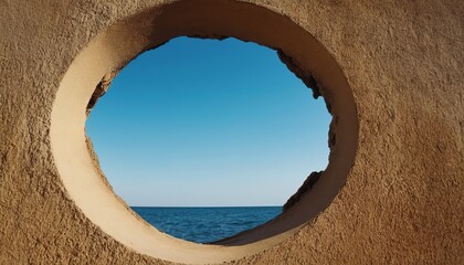 A round hole in the wall through which you can see the blue sky and ocean. Concept for art projects, interior design or as a metaphor such as Window of Opportunity, View of the World. Posters, flyers