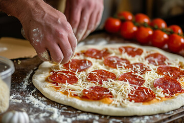 An artisanal pepperoni pizza being handcrafted by a seasoned chef, focusing on the craftsmanship and ingredients. 