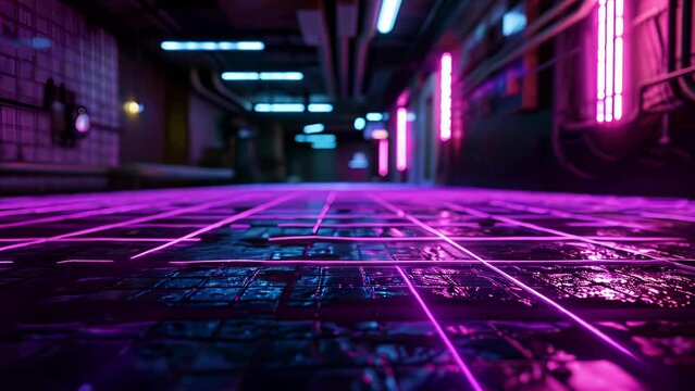 The floor is covered in a neon grid pattern reminiscent of the iconic Tron game.