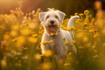 Papier Peint photo Prairie, marais Sealyham terrier dog standing in meadow field surrounded by vibrant wildflowers and grass on sunny day ai generated