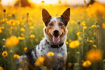 Australian cattle dog sitting in meadow field surrounded by vibrant wildflowers and grass on sunny day AI Generated