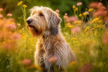 Otterhound dog sitting in meadow field surrounded by vibrant wildflowers and grass on sunny day ai generated